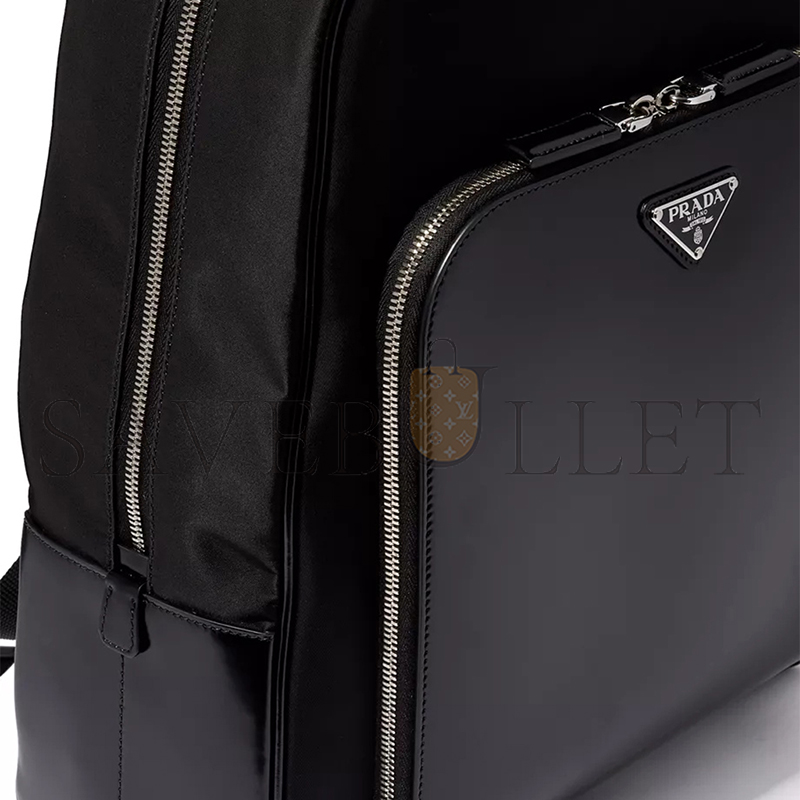 Pra*a triangle logo backpack in re-nylon & leather 1bz005 (43*30*13cm)